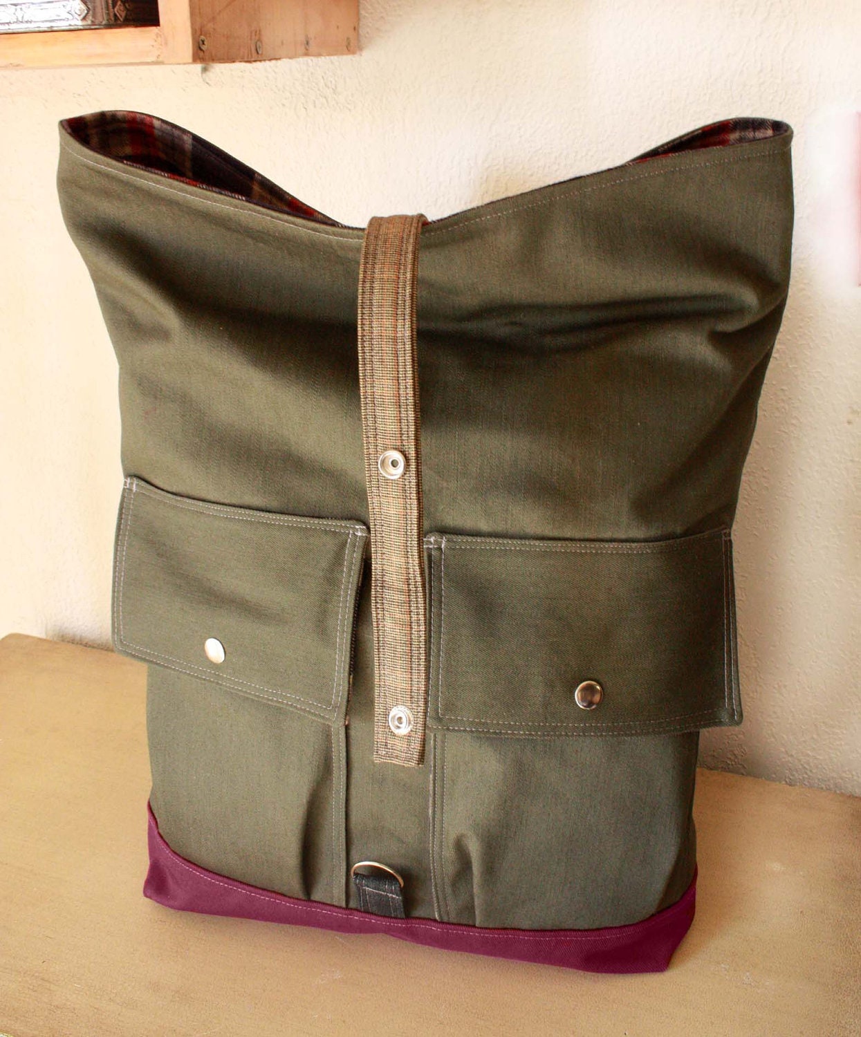 Reserved for tamismolin-----Women Foldover Canvas Backpack Handmade / Military look/ -- Made to Order--Save 10% off w/ Coupon SAVE10