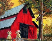 Red Barn at Harvest Time - Original Oil Painting on 11x14 Wrapped Canvas