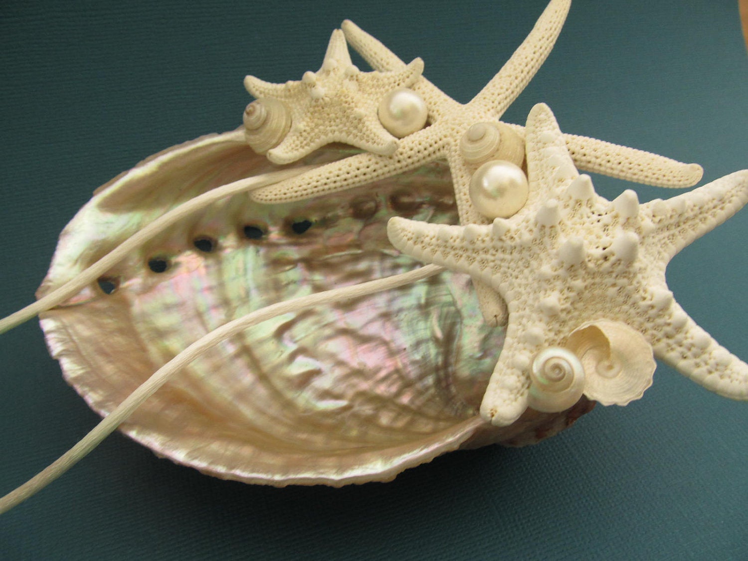 SALE  Beach Wedding Ring Bearer's Abalone Shell with White Starfish, Pearls and Pearl Umbonium