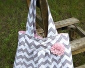The Meridith, Gray Chevron Diaper Bag with light pink lining and rosette