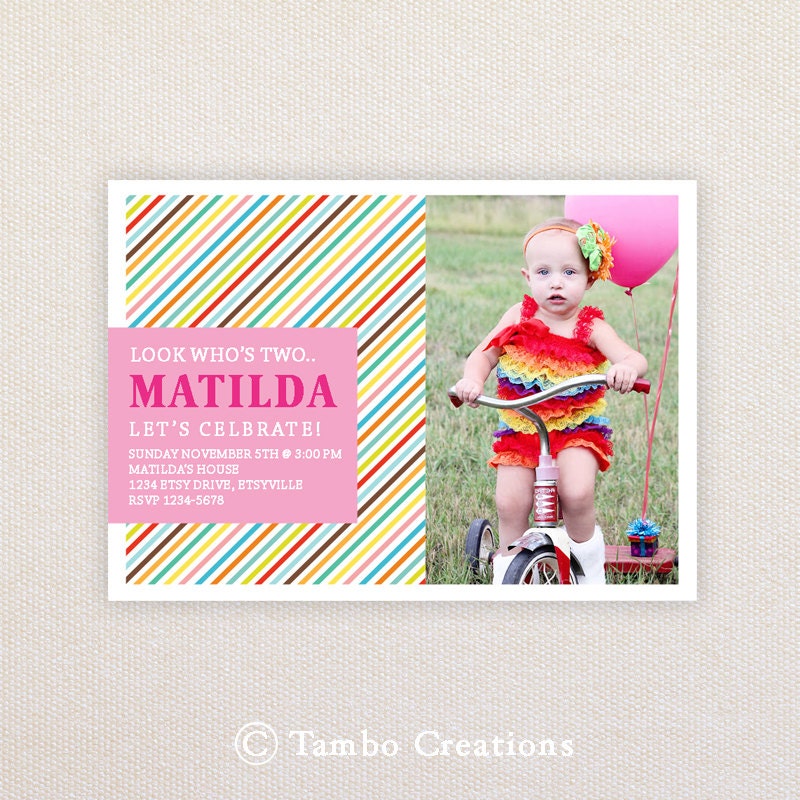 Photo Birthday Invitations. Girls colorful rainbow stripes. I Customize, You Print. Il_170x135