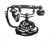 LINOCUT PRINT -  Black antique rotary telephone 8x10