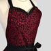 Sweetheart Retro Apron , Sexy Handmade Kitchen Apron in Red Scroll Print on Black Background