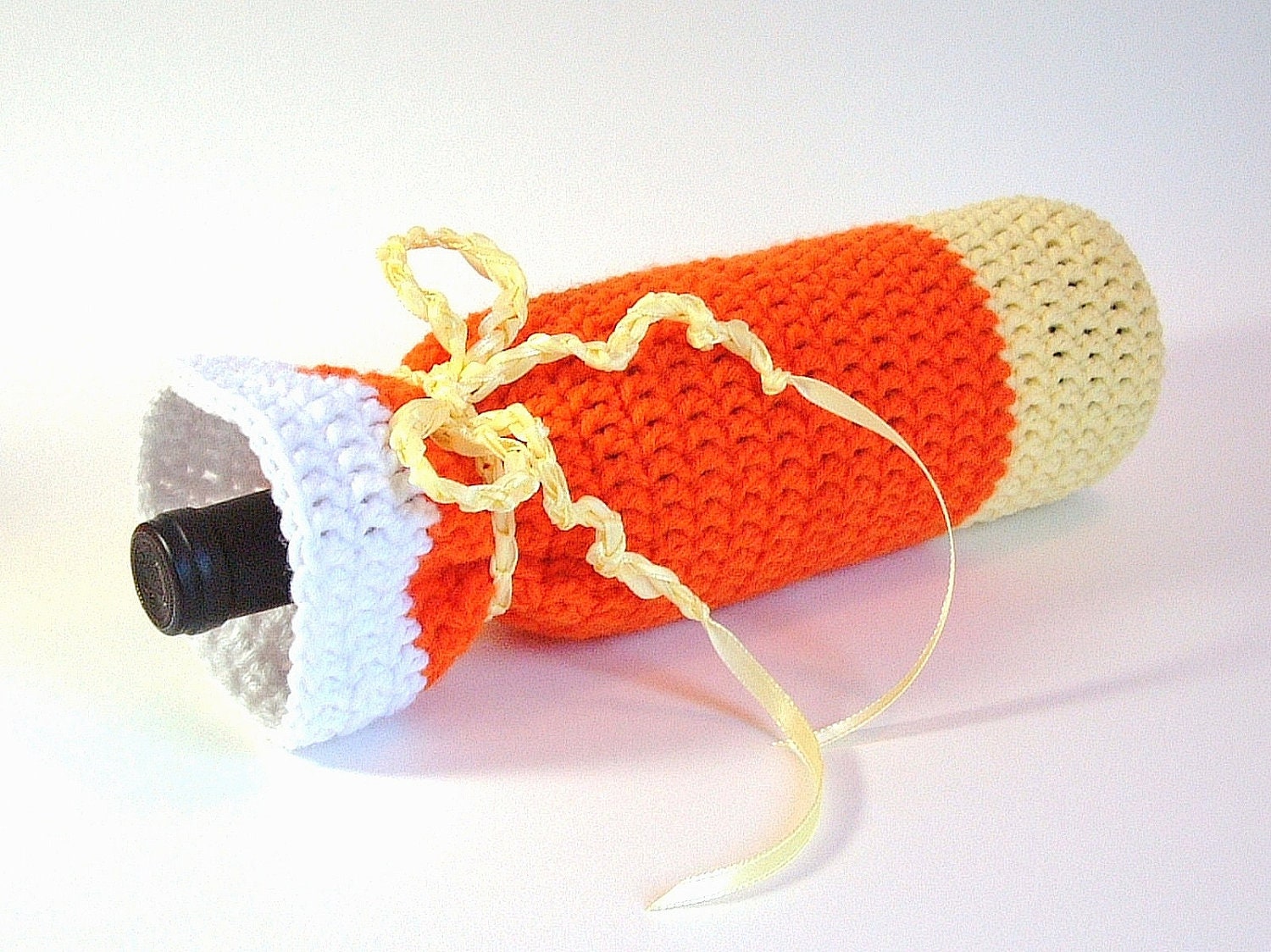 Wine Bag Bottle Cozy Gift Sack Candy Corn Yellow Orange White Champagne Sleeve Autumn Barware Halloween Ready to Ship Hand Crochet by Lilena