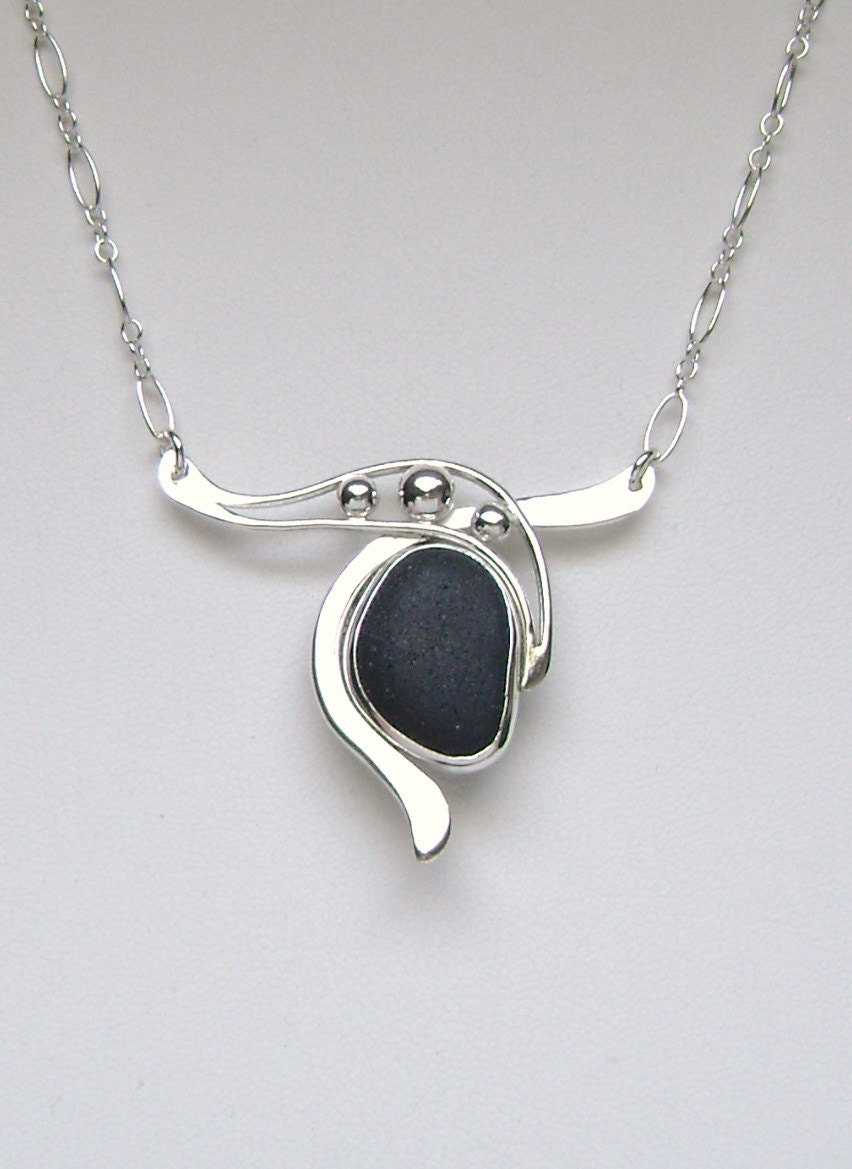 Sea Glass Jewelry -Sterling Rare Black English Sea Glass Necklace