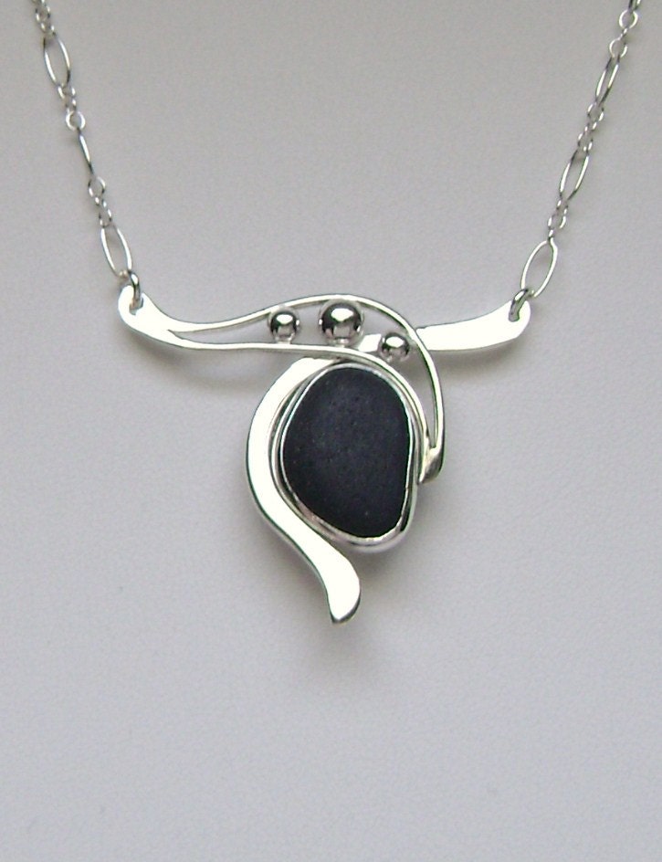 Sea Glass Jewelry -Sterling Rare Black English Sea Glass Necklace