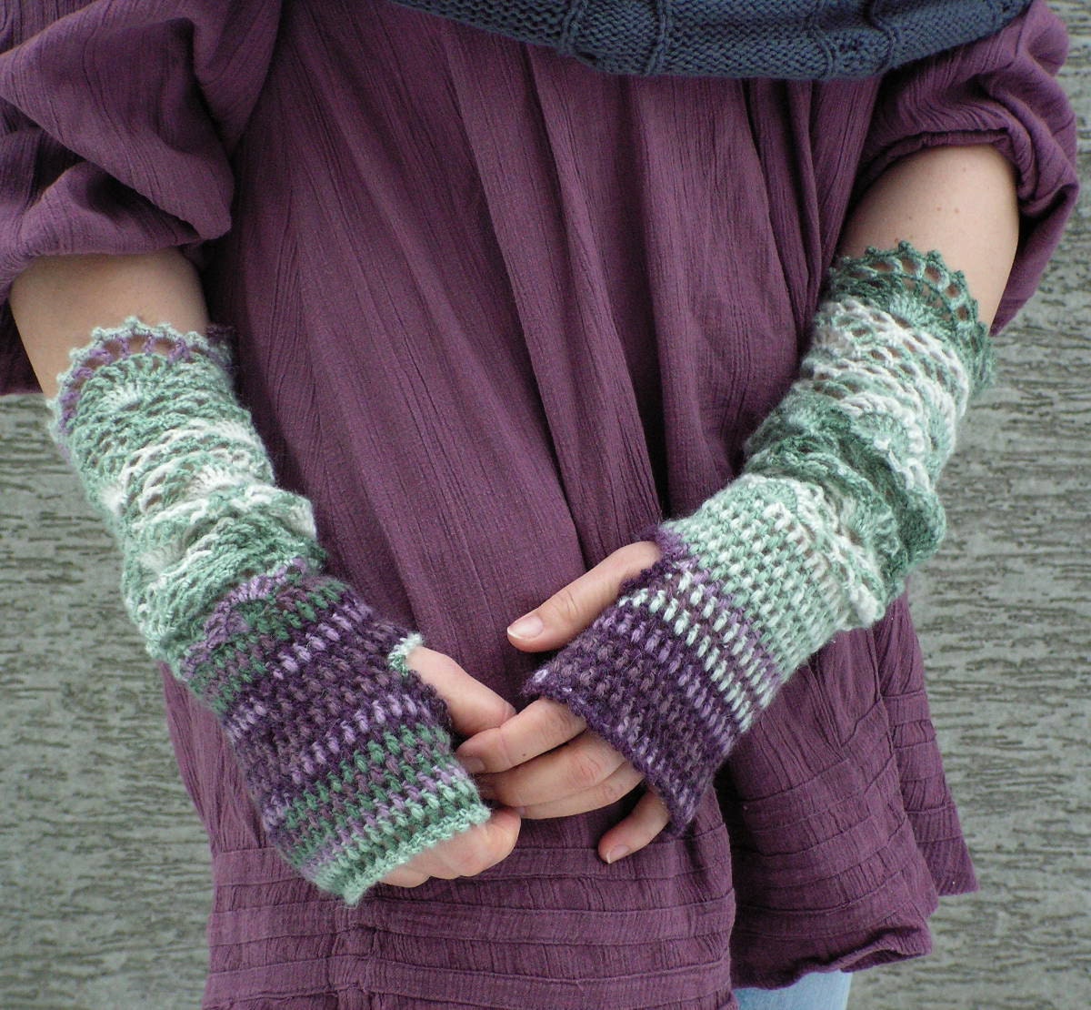 Color Nostalgic - crocheted open work lacy long mittens fingerless gloves dusty green purple off white color
