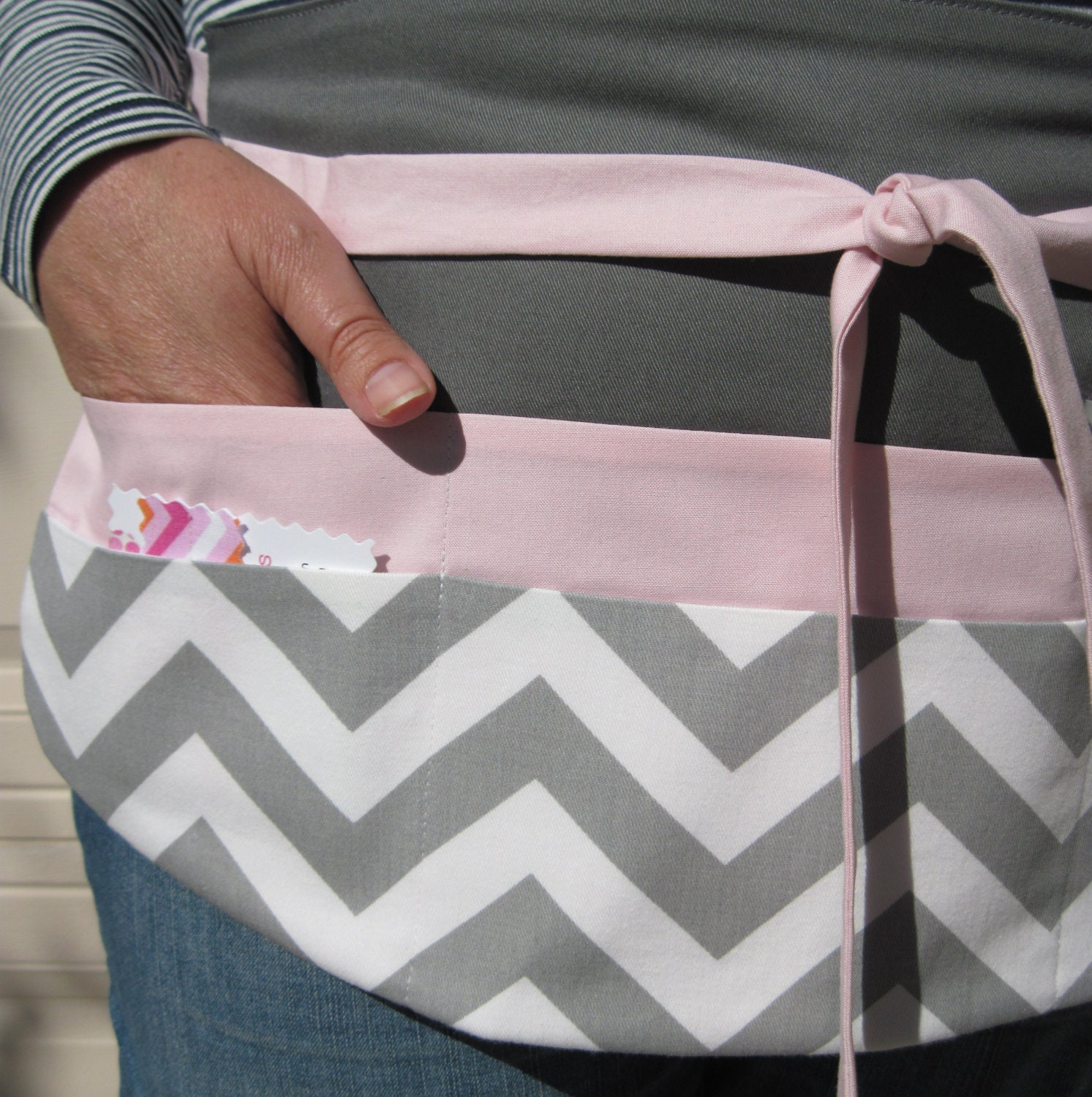Personalized Apron, Fog Gray Chevron Utility Apron with Pockets in Petal Pink-Customized Apron-Vendor Apron-Teacher Apron