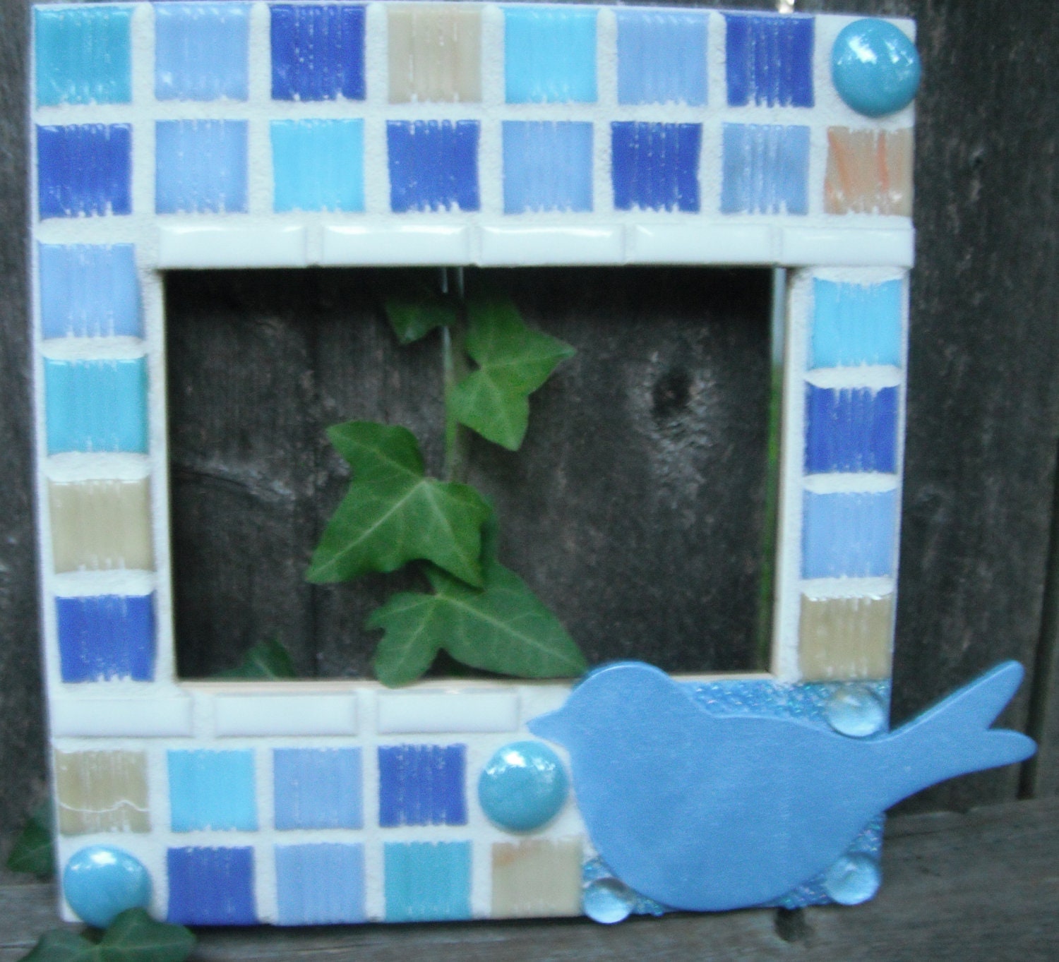 Mosaic Wooden Frame with Blue Bird
