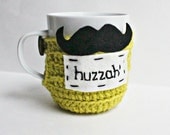 Huzzah Mustache funny coffee mug cozy tea cup chartreuse white black crochet handmade cover