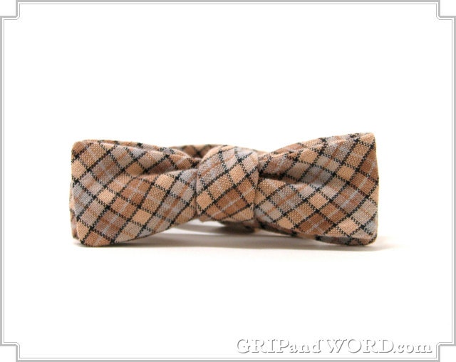 The Watson -  Skinny Tan and Gray Plaid Freestyle Bow Tie