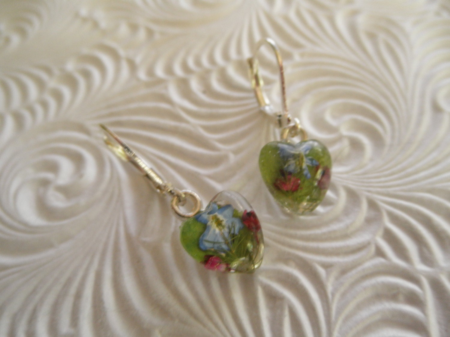 Sky Blue Forget-Me-Nots, Pink Heather Tiny Glass Heart Earrings-Real Pressed Flower Dangles-Symbolizes Memories, True Love