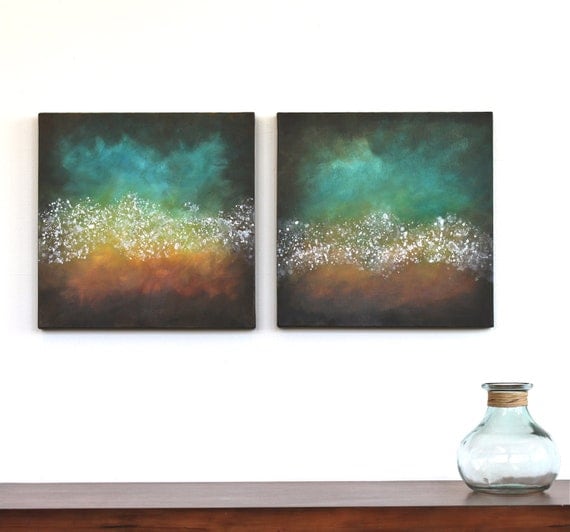 Northern Lights teal turquoise orange aqua brown mustard yellow modern art mid century original acrylic painting on two canvases
