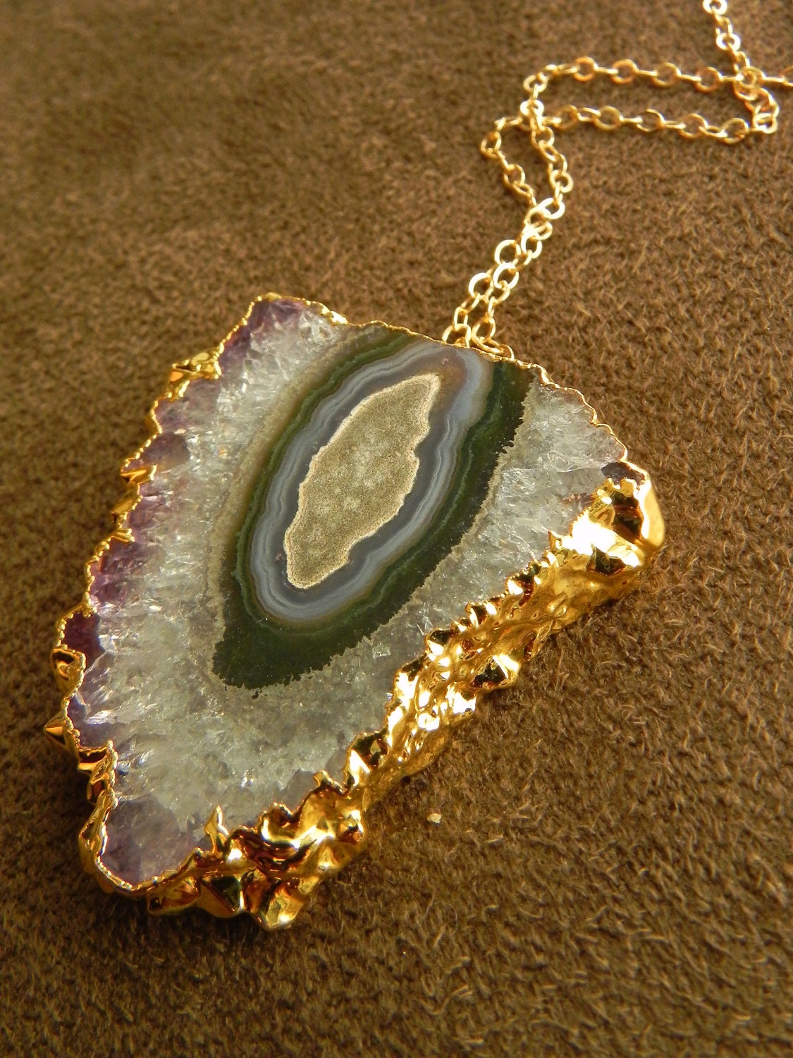 Beautiful Amethyst Half Stalactite Slice and Gold Fill Pendant Necklace