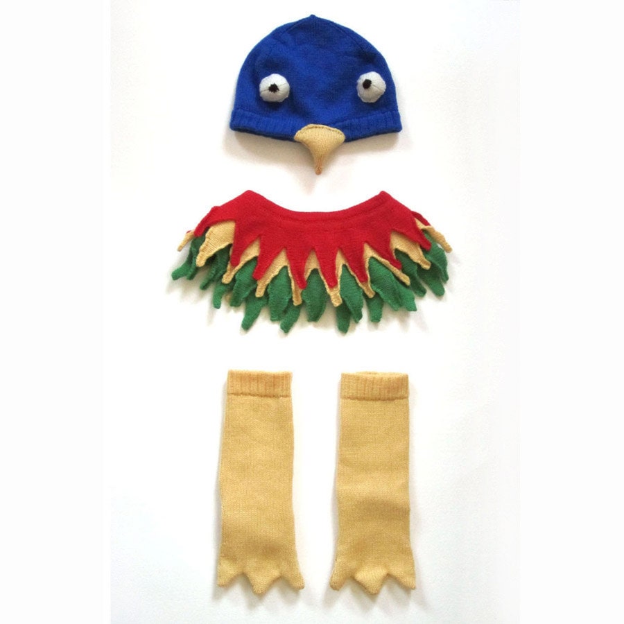 Baby Parrot Hat, Booties and Collar Set, Knitted Baby Costume Gift - Available in size 9-18 months old