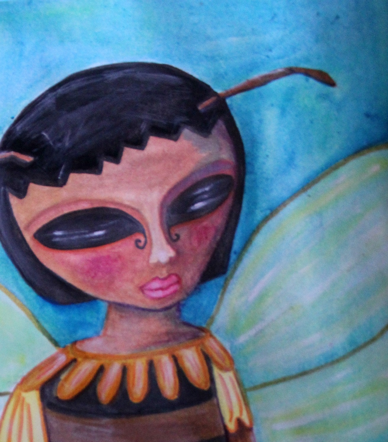 Bee Girl, Blueberry Blonde, mixed media, gouache painting