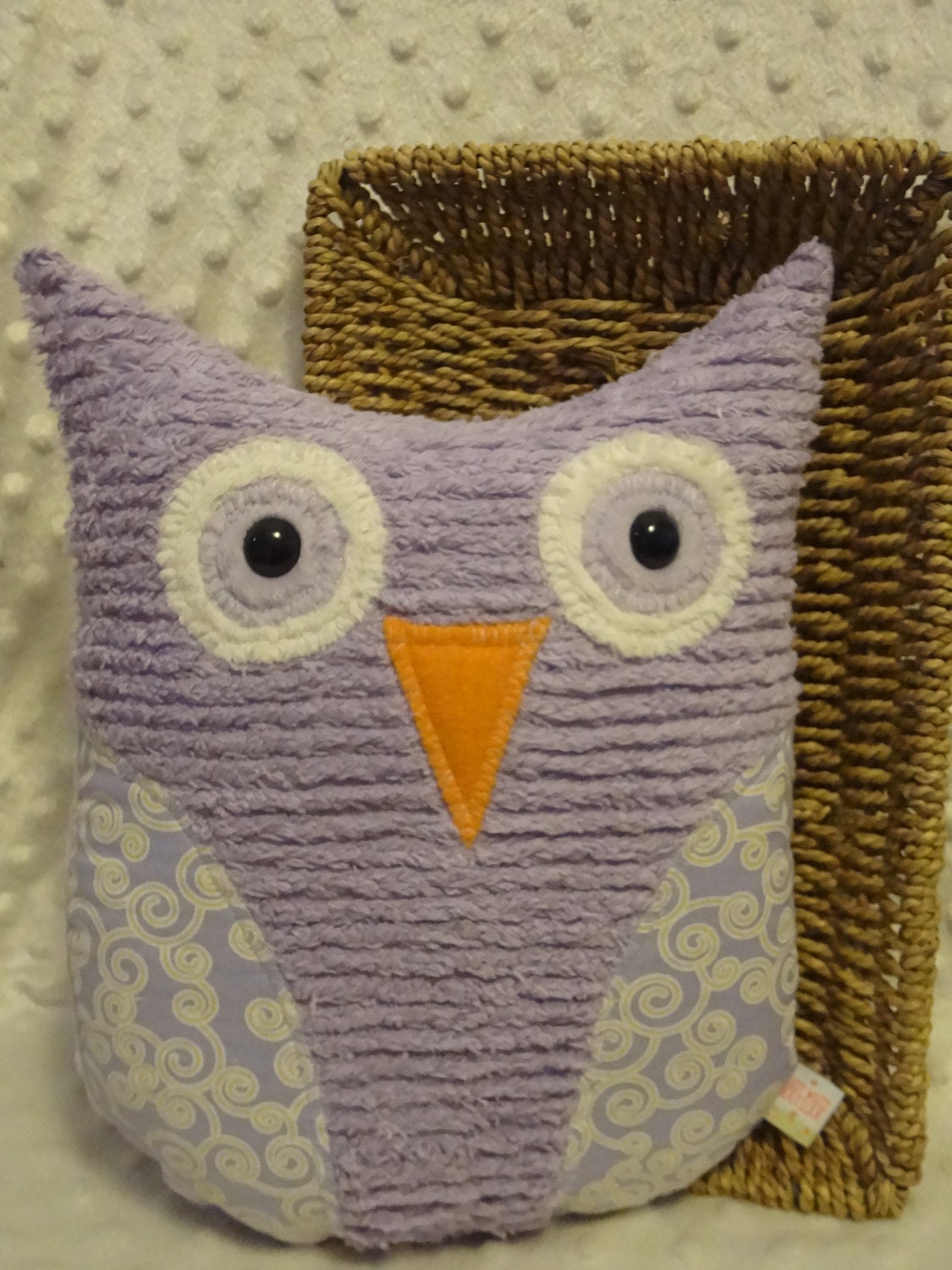 Large Hoot Owl  - Purple Chenille, Purple Minky and Lavender Swirl Fabric
