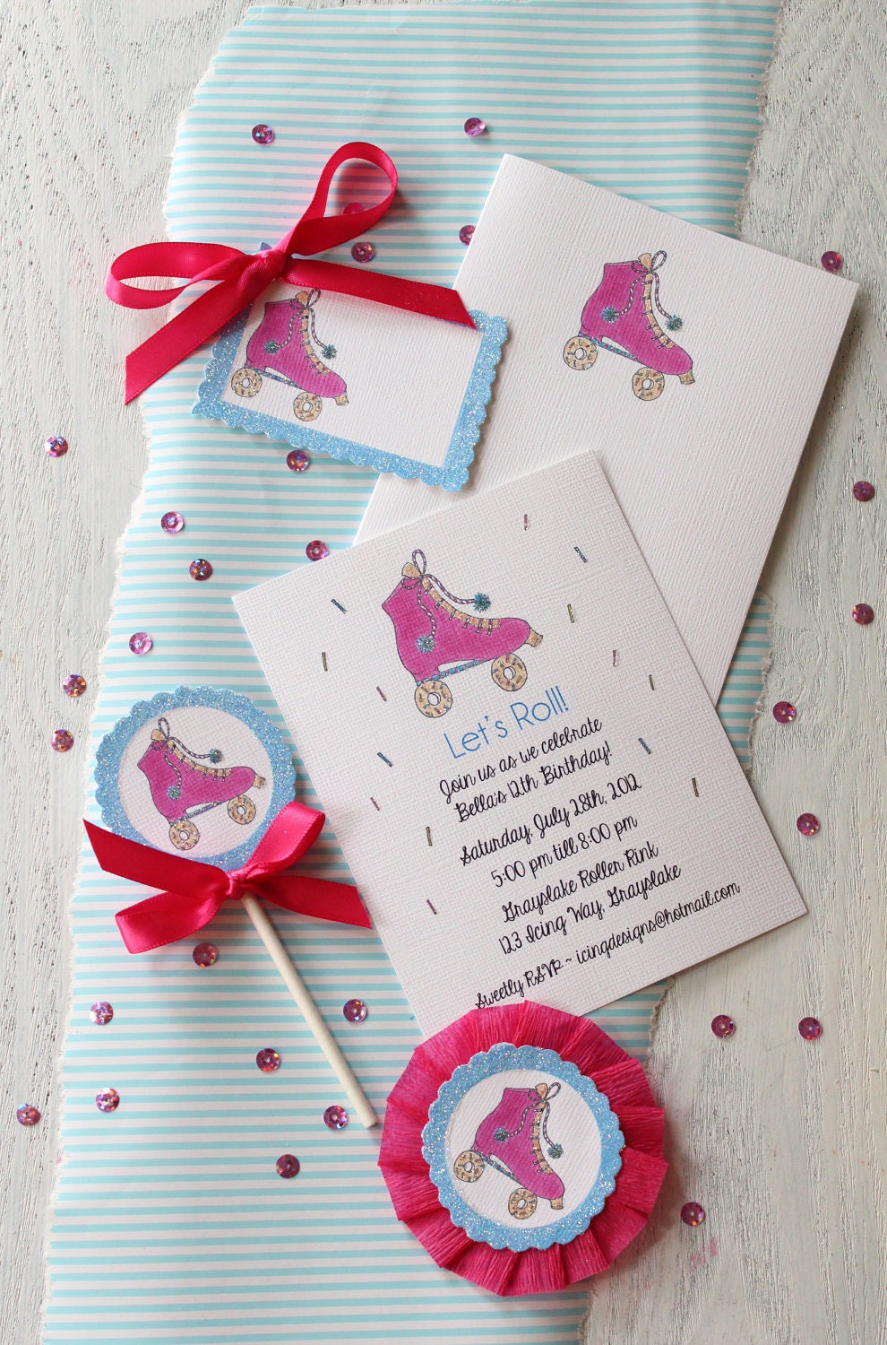 Lets Roll Rollerskate invitations, cards, cupcake flags, tags and letter garland