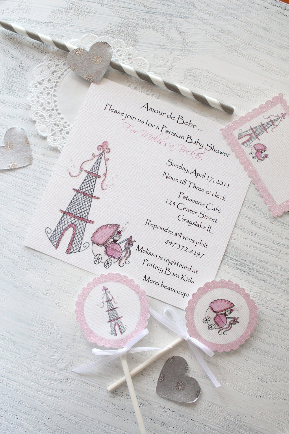 Amour de Bebe Pink-Eiffel Tower and Baby Carriage invitations, note cards, cupcake flags, gift tags