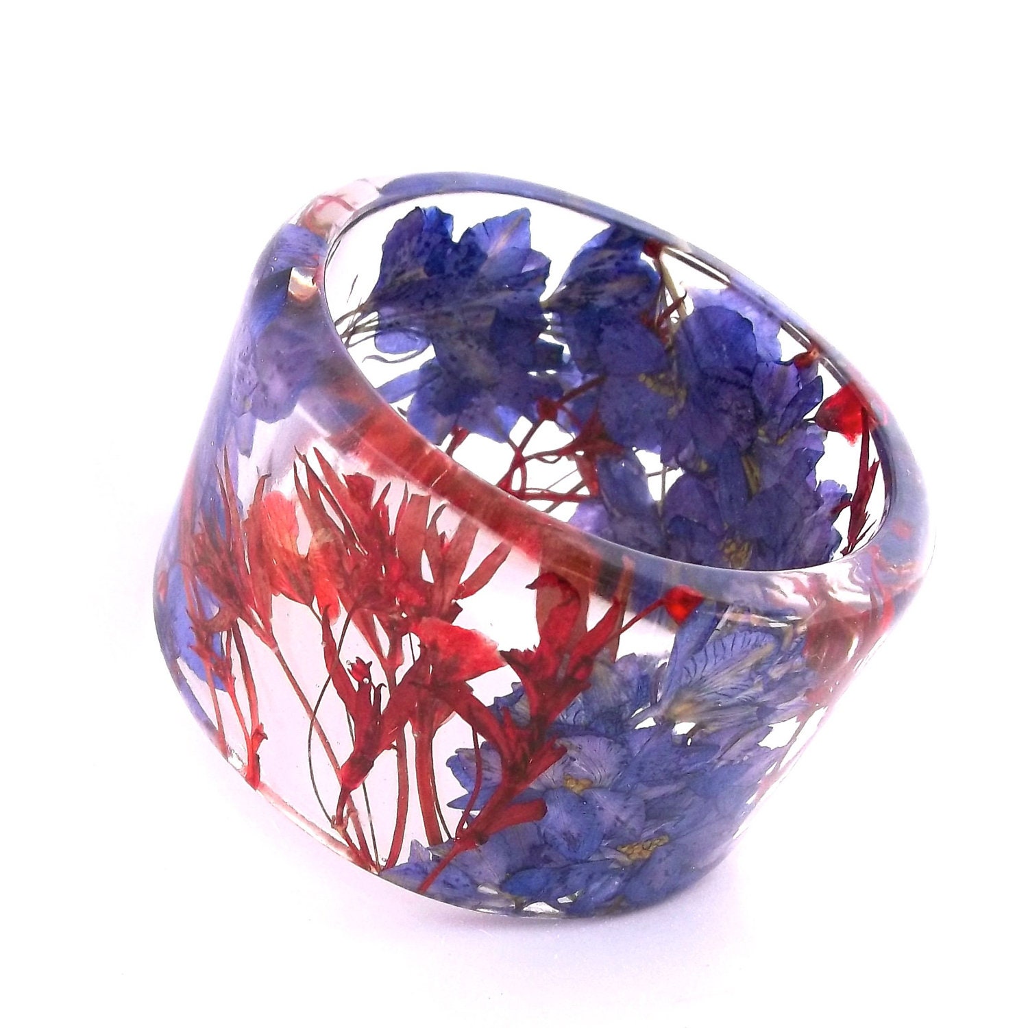 Purple and Red Resin Bangle.  Sophisticated Bracelet with Pressed Flowers.  Purple Larkspur and Giant Red Baby's Breath