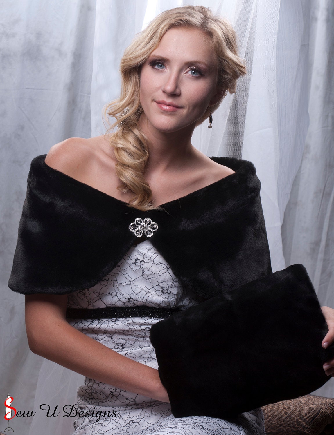 Bridal winter wedding faux fur custom 10" wide wrap shawl and Super Size muff set shrug & handwarmer