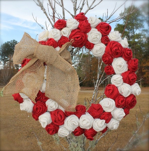 Red and White Primitive Burlap Roses Wreath for Holidays