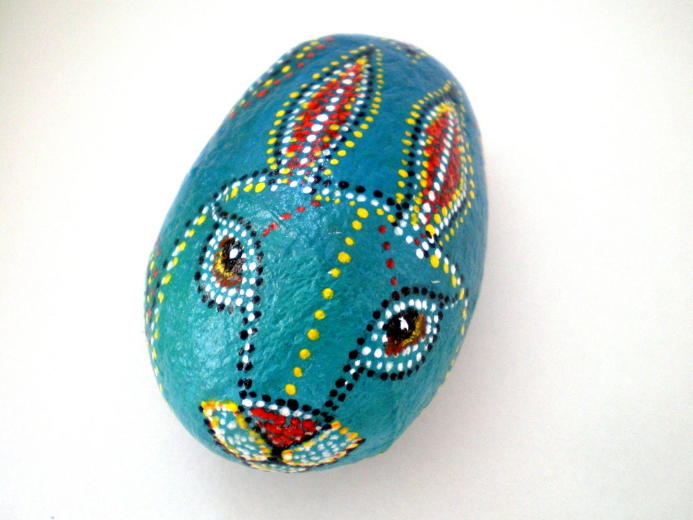 Aqua Blue Green Rabbit  - Painted Stone  Home Decor Paperweight , Dotted Aboriginal Art , unisex gift