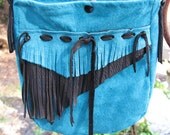 Lambskin and Deerskin Leather Shoulder Bag in Tourquoise and Black