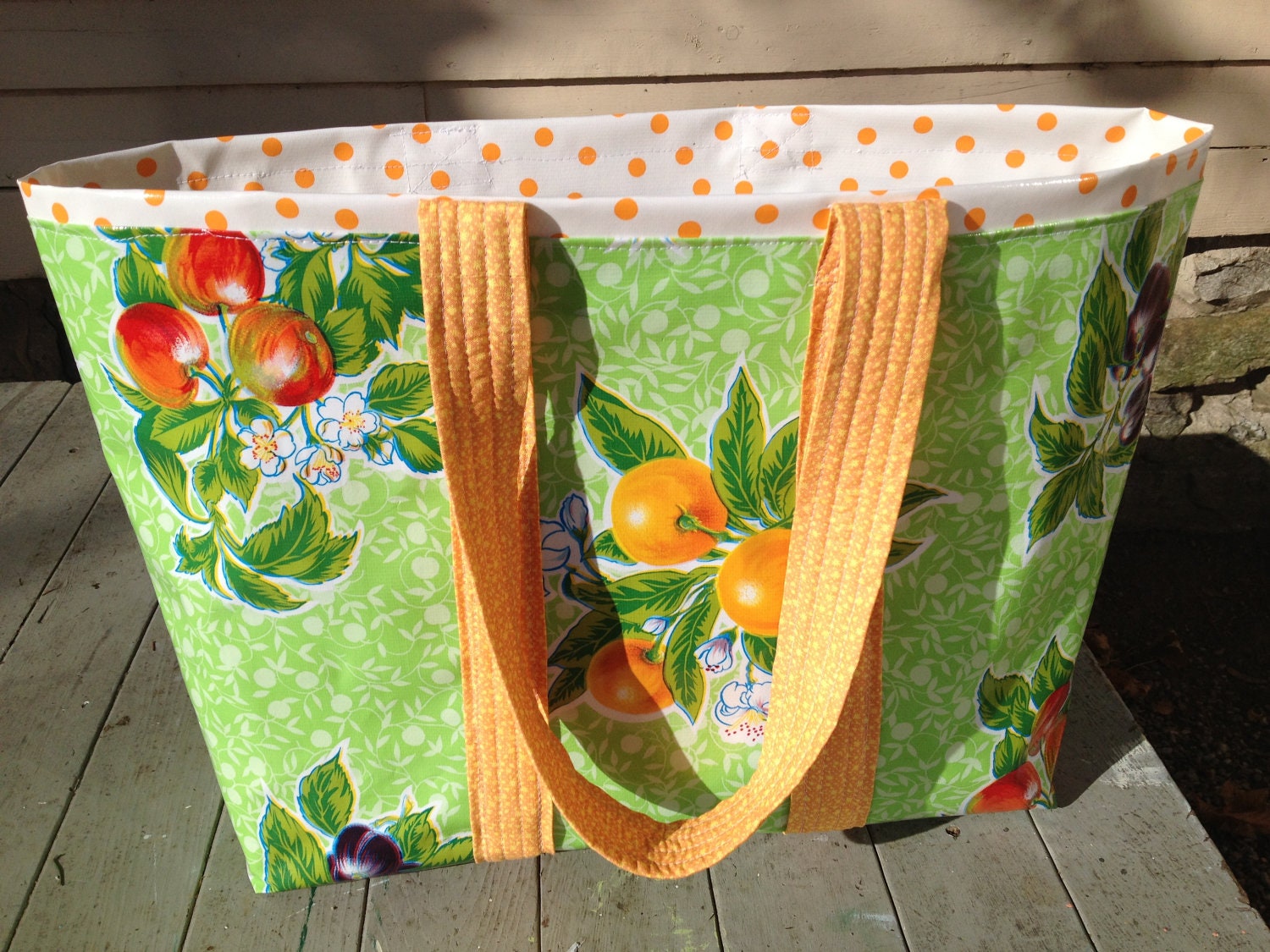 Retro large oilcloth tote bag with fruit on yellow green
