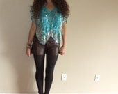 CLOSING SALE  Vintage vtg butterfly sequin rare turq blouse top size xs sm or med