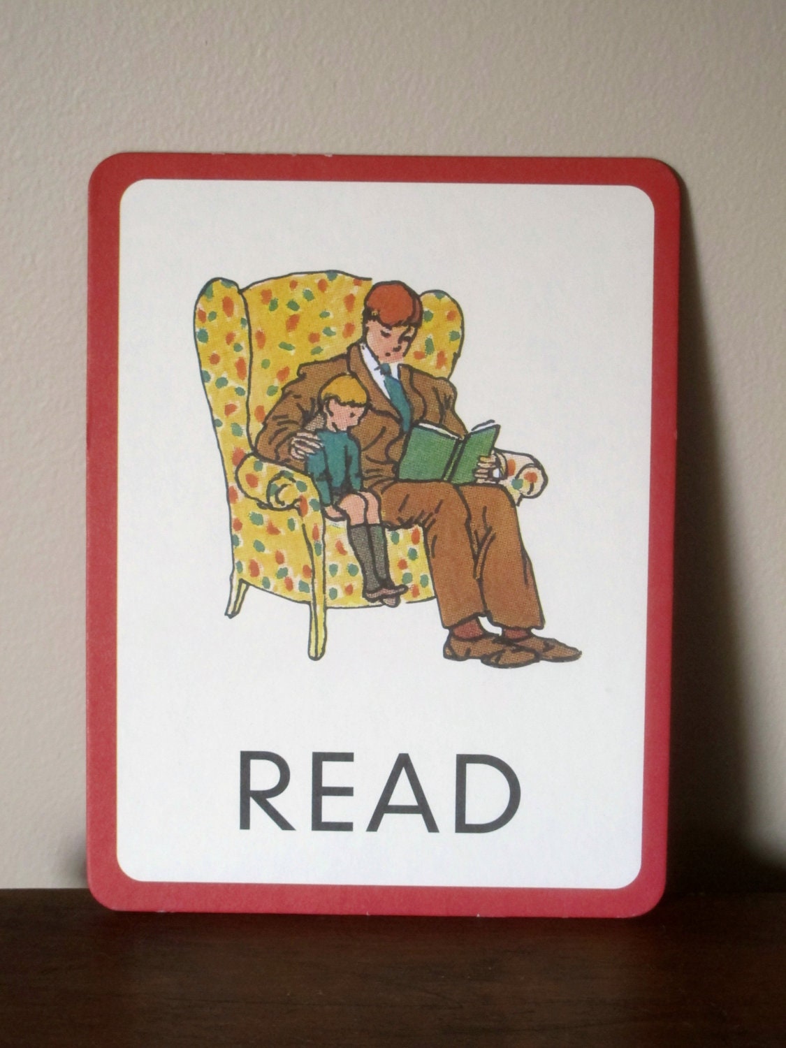 Vintage Reading Card "R"- Letter "R" reading card/Red/Dad and Son/Read