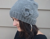Grey oversize slouch hat with knitted flower  READY TO SHIP