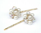 Upcycled Vintage Gold Creamy White and Clear Beaded Earring Hair Pins