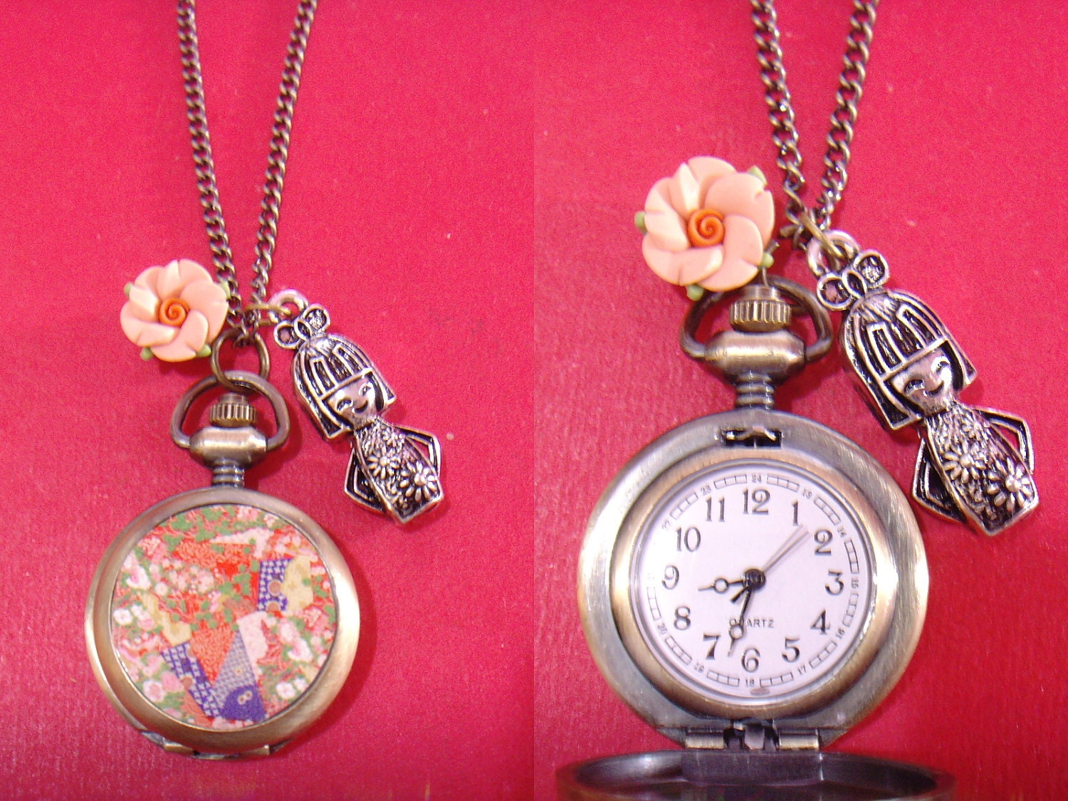 vintage antique style bronze floral print Japanese girl pocket watch pendant 24 inches chain necklace