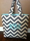 Large Grey Monogramed Chevron Tote with Teal