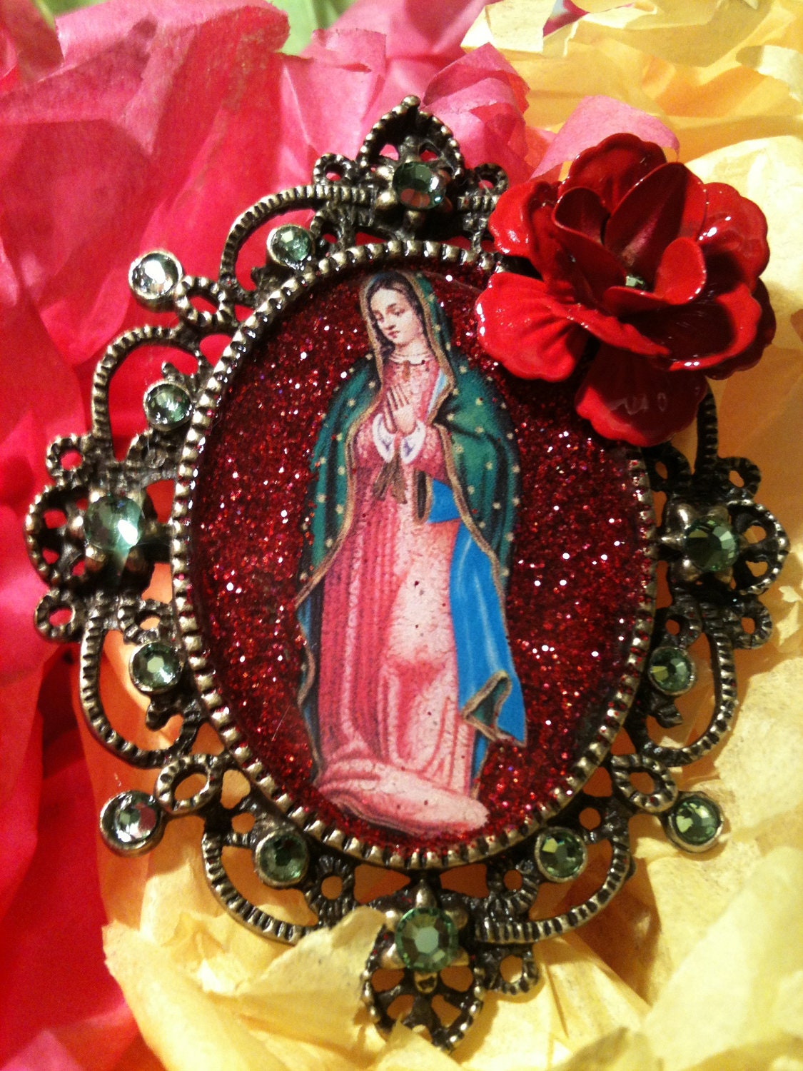 Mexican Our Lady of Guadalupe Virgin Mary Green and Red Necklace and Brooch