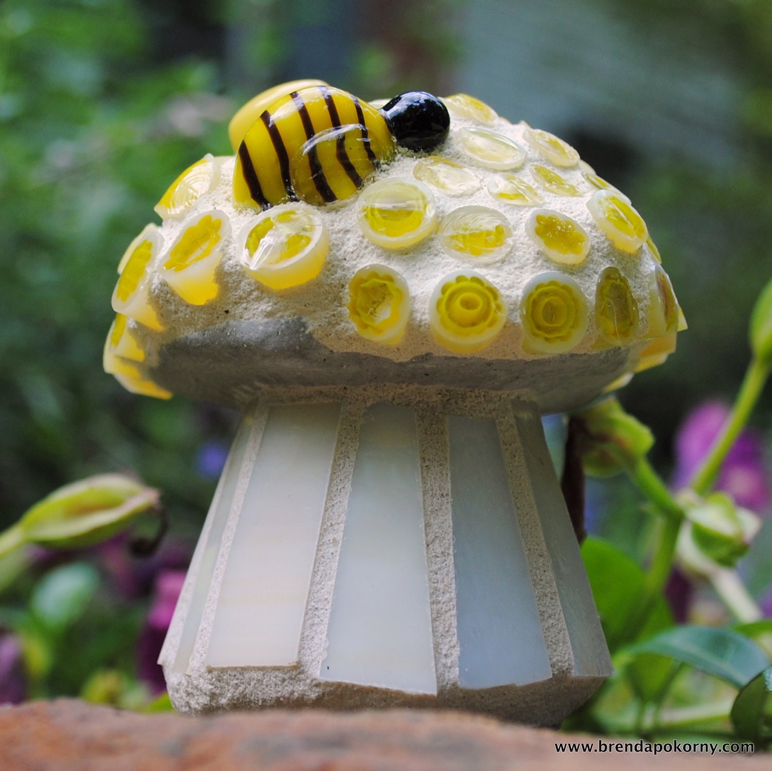 Tiny Lemon Yellow Cap Mosaic Toadstool with a Bumblebee Garden Art MOO5060