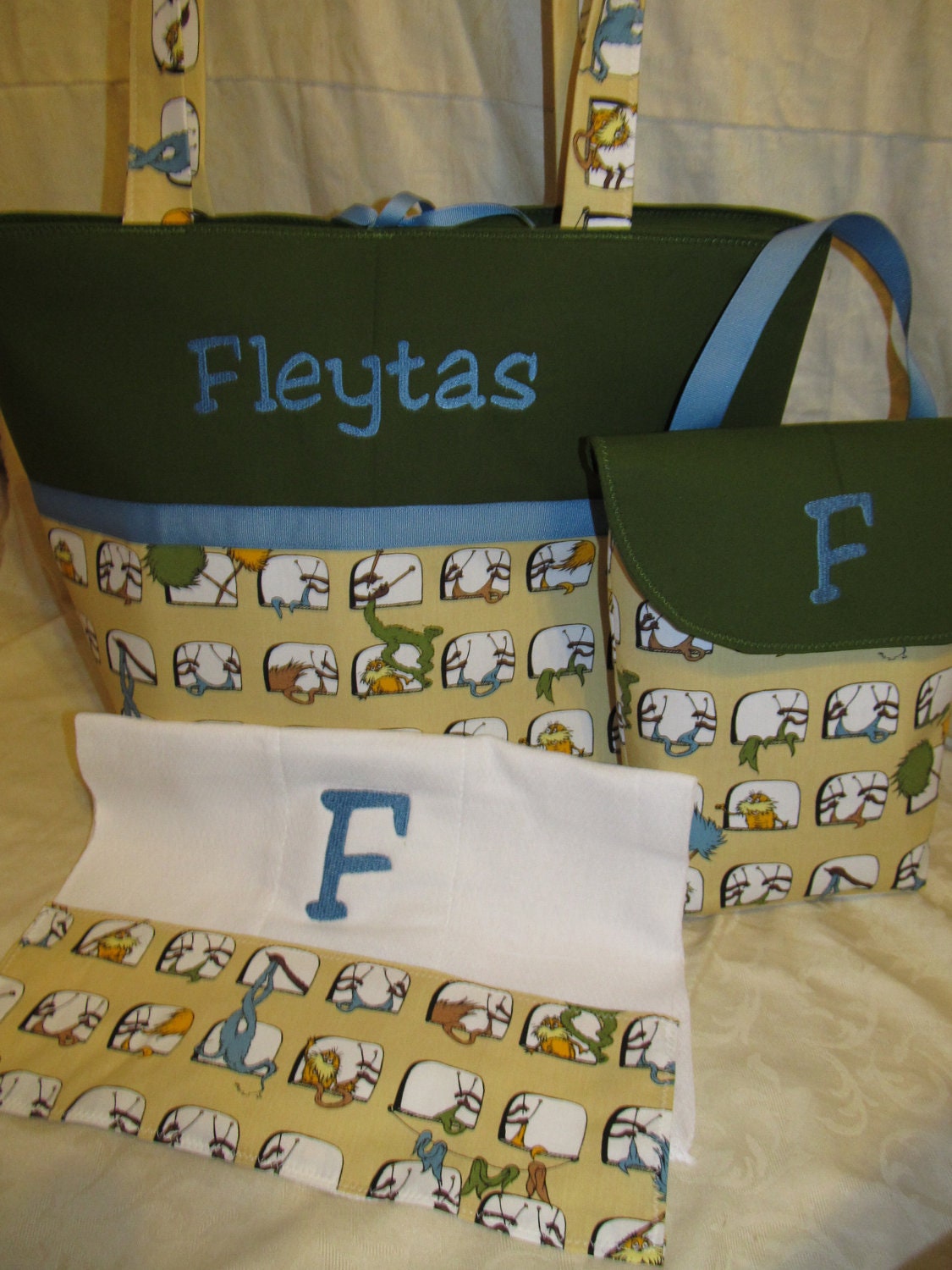 Handmade custom lorax Diaper bag set soft wipe/diaper case and burp cloth