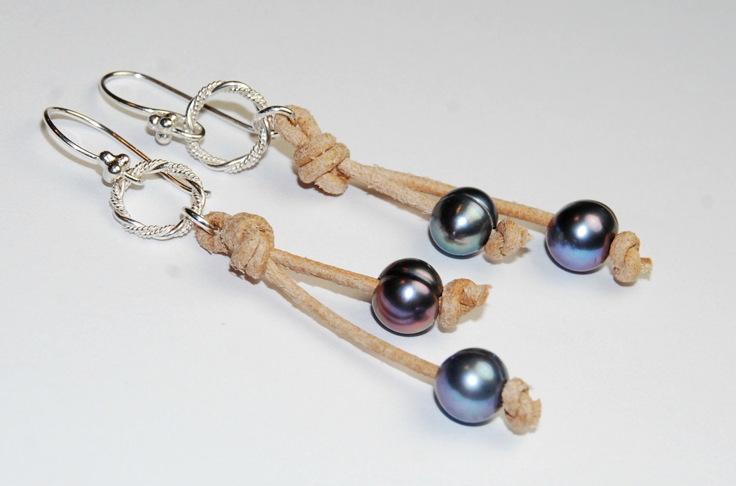 Leather and Pearl Earrings - Peacock Pearl Earrings - Silver Earrings - Western Jewelry