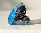 Neon Blue Ring, Aqua Agate Stone Jewelry, Darkened Silver, Caribbean Blue, Bermuda Blue, Wire Ring