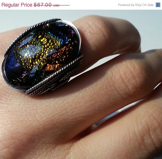 SALE Rainbow Color Ring, Dichroic Fused Glass, Recycled Oxidized Silver, Customized to Size, Handmade Jewelry,, Wire Ring, Statement Ring