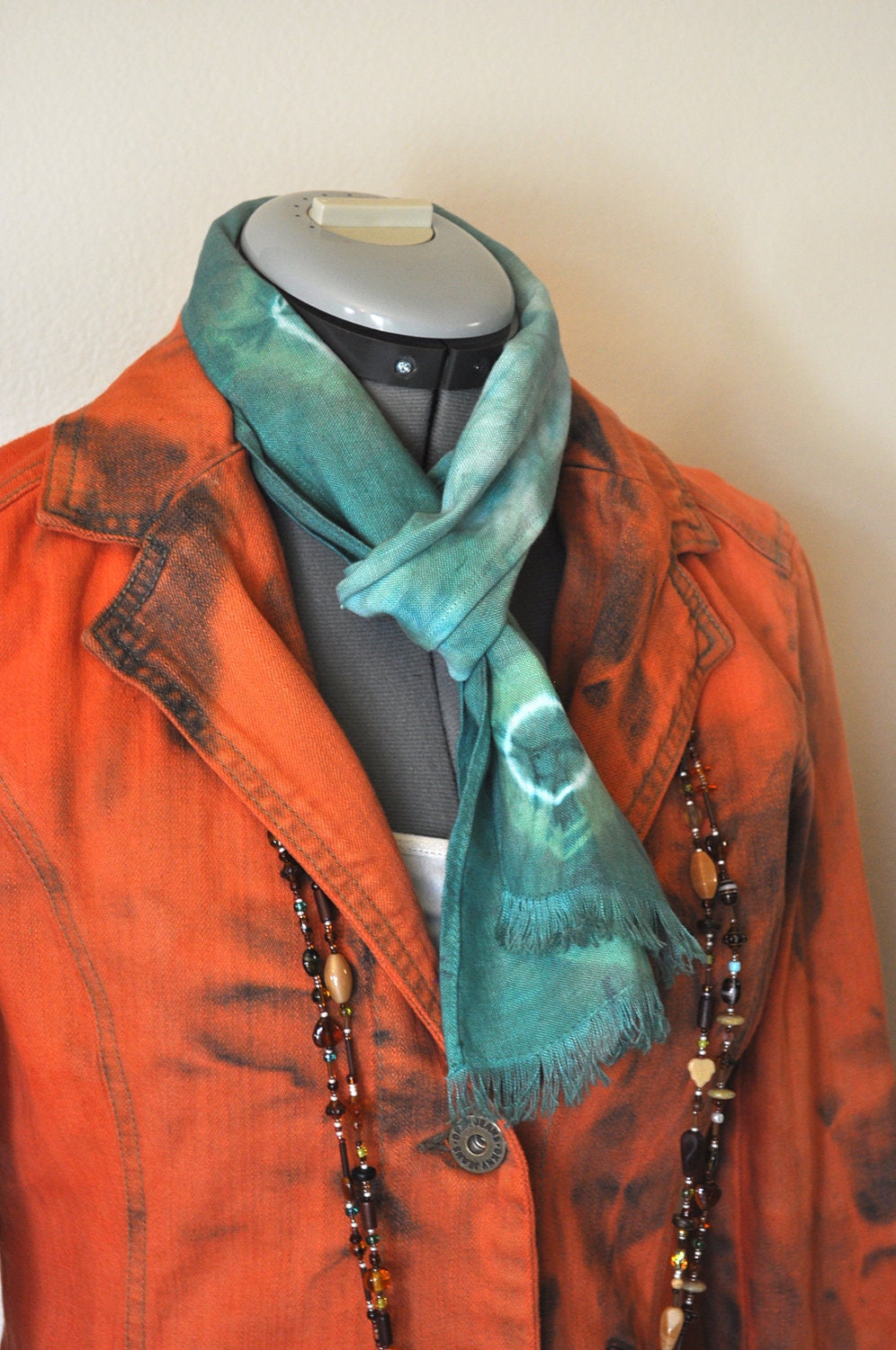 Linen SCARF - Light and  Dark Green Hand Dyed Hipster Tie Dye Hand Made Linen Scarf - 6.5x50"