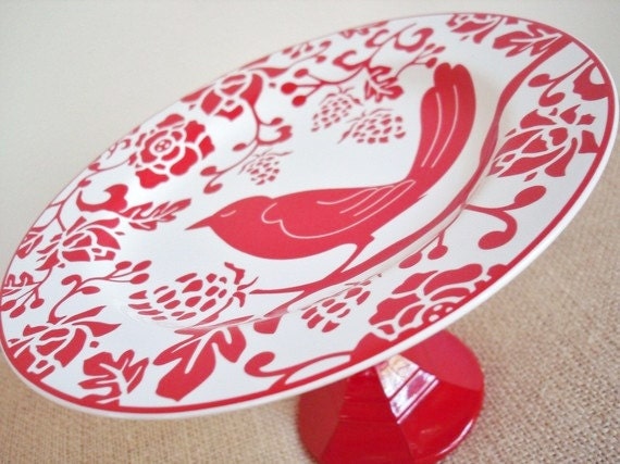 Cake Stand / Cupcake Stand / Dessert Pedestal -Modern Bird (red)-As Featured in BRIDES Magazine