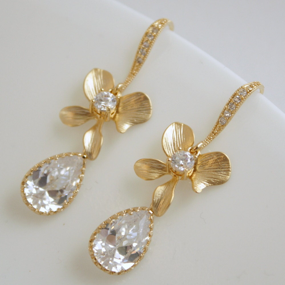 Wedding Earrings Gold Orchid Earrings Cubic Zirconia Dangles Wedding jewelry