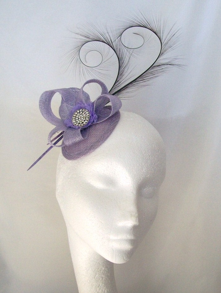 Lilac Pheasant Curl Feather Sinamay Loop & Rhinestone Pearl Wedding Fascinator Mini Hat - Custom Made to Order