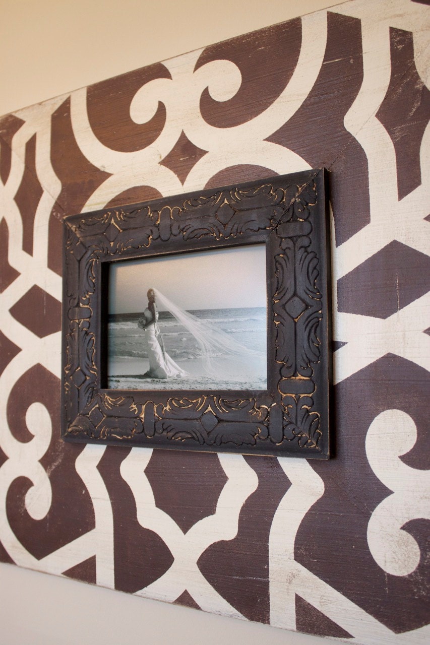 Fretwork Distressed 5x7 Wood Picture Frame with 8" Wood Espresso and Vintage Cream with Black Embossed Trim