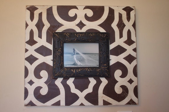 Fretwork Distressed 5x7 Wood Picture Frame with 8" Wood Espresso and Vintage Cream with Black Embossed Trim