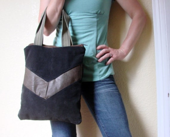 Chevron Mini Tote Bag - Repurposed Leather and Corduroy