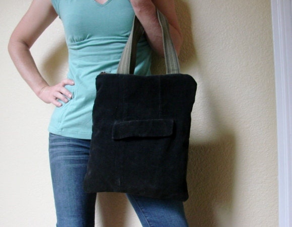 Chevron Mini Tote Bag - Repurposed Leather and Corduroy