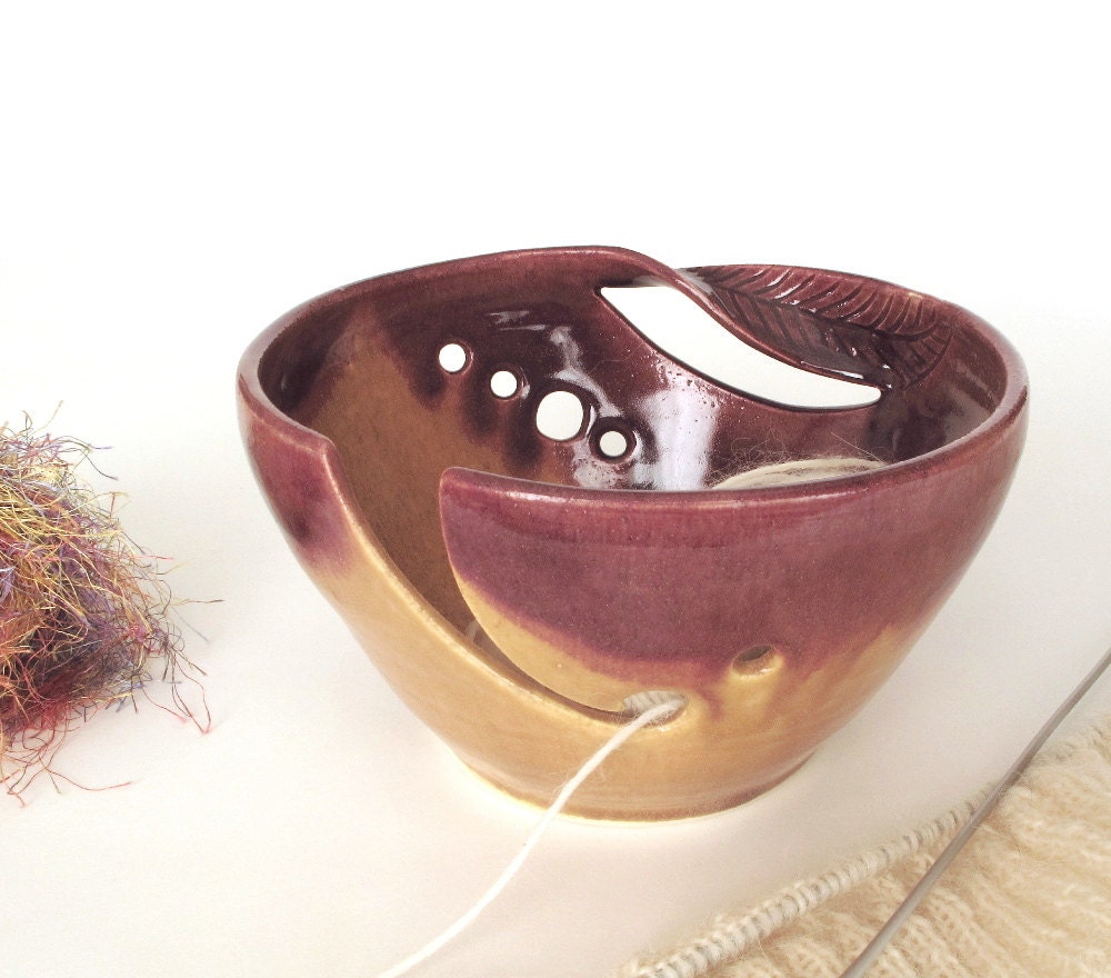 Wheel thrown Ceramic Yarn Bowl, POTTERY Knitting Bowl, Autumn Gold Red Brown earthy Highlights twisted leaves Spring woodland ceramics